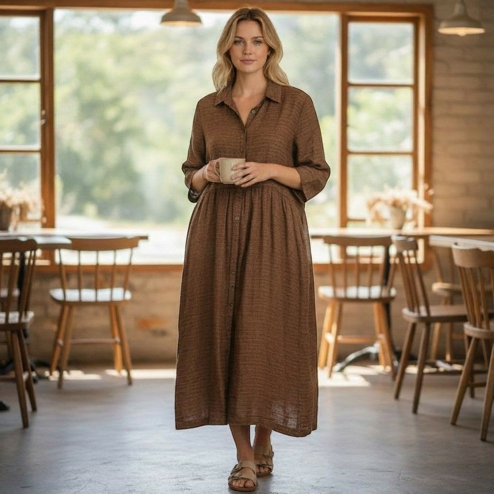 FLAX Jeanne Engelhart Brown 100% Linen Lagenlook Shirt Dress Womens Small Vtg